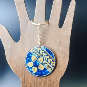 Blue Tortoiseshell + Plumeria Flower + Polynesian Tribal Gold Keychain